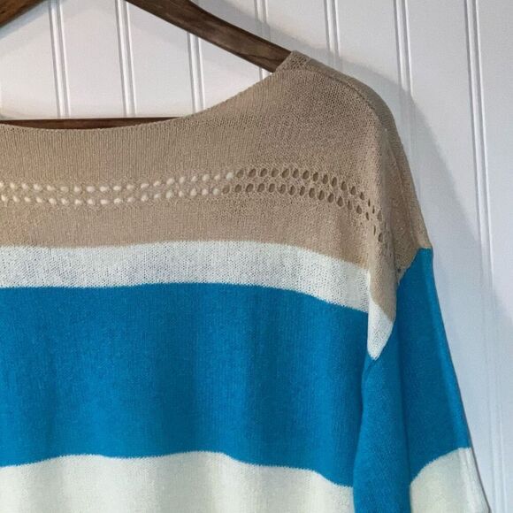 Striped Sweater Womens Large Blue And White Cottage Core Loose Casual Knit Top - Picture 11 of 12